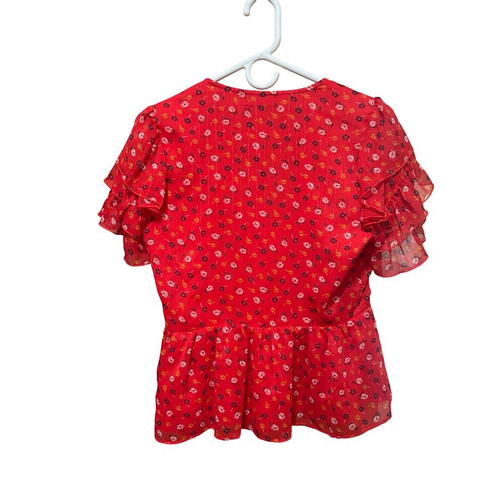 SALE! Madewell Floral Metallic Faux Wrap Peplum Blouse Ruffle Sleeve Size 4 - Picture 4 of 8